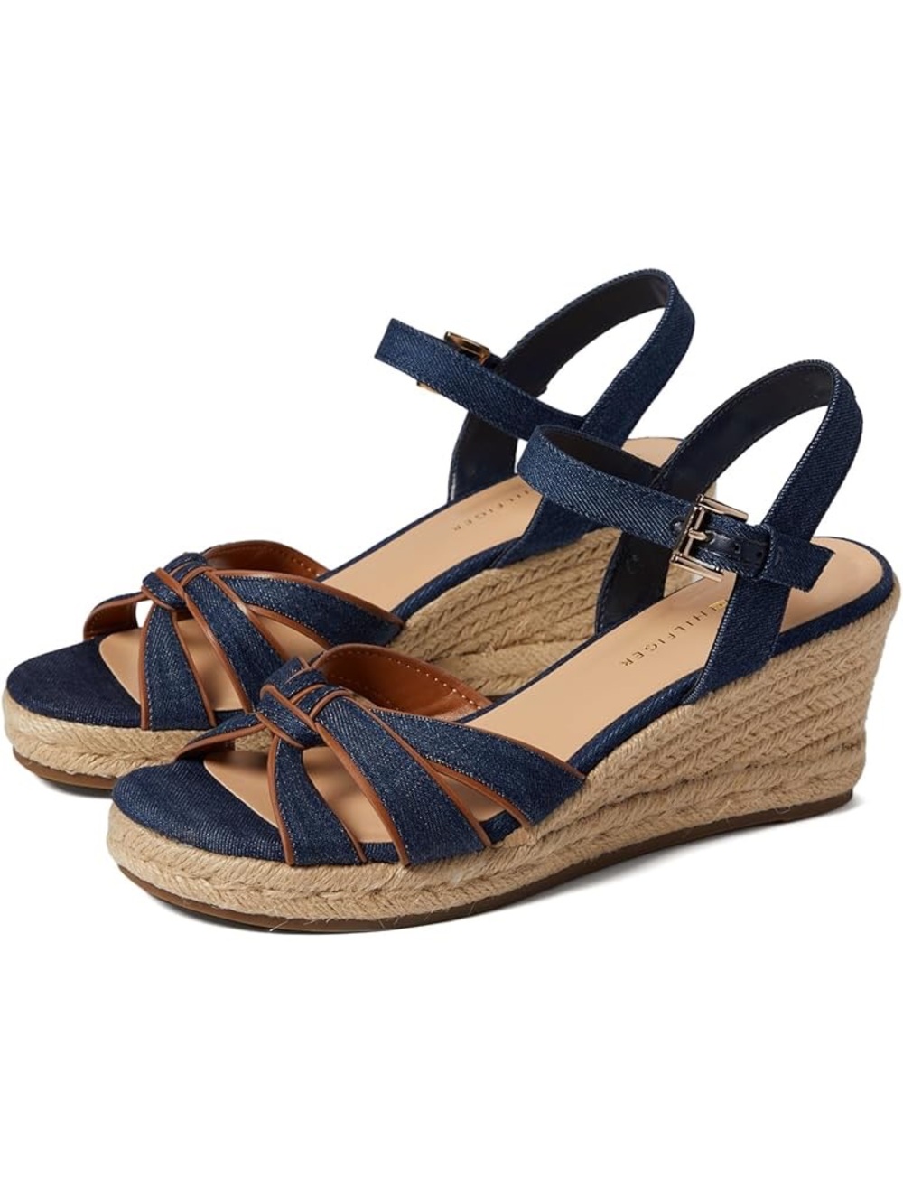 Tommy Hilfiger Gazeiy denim espadrille wedge sandals leather trim gold 8.5